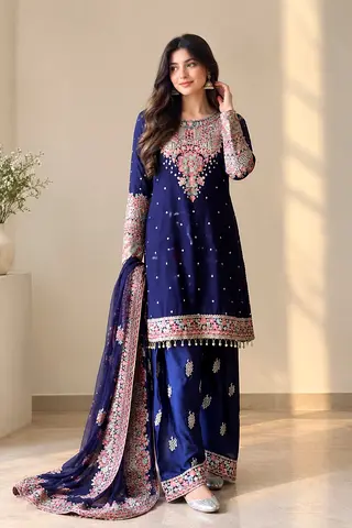 Navy Blue Embroidered Pakistani Salwar Kameez with Dupatta - Size M