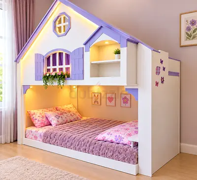 Custom House Style Bunk Bed with Integrated Shelving and Lighting