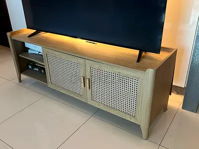 Wooden TV Console Cabinet with Rattan Doors — Light Oak finish