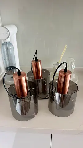 Set of 3 Modern Copper & Smoke Glass Pendant Lights
