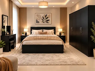 Modern Wenge Bedroom Set – King Bed, Wardrobe, Bedside Tables & Dressing Table