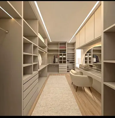Large Walk-in Closet Wardrobe with Shelving and Vanity - Neutral Finish