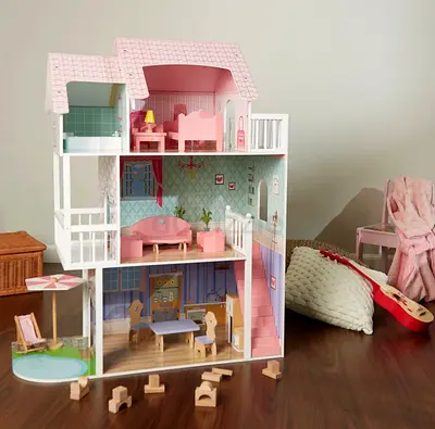 Wooden 3-Storey Dollhouse with Furniture and Accessories - Pink/Blue NEW in box
