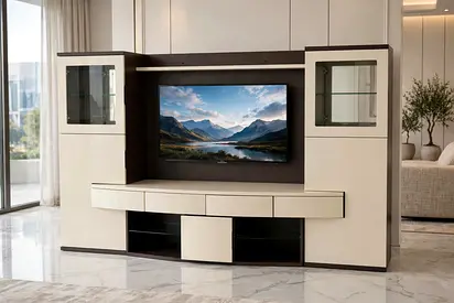 Modern beige and dark-wood entertainment center with glass display cabinets