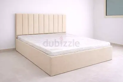 Beige Upholstered Double Bed with Headboard and Mattress