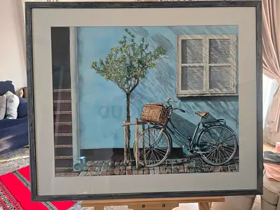 Framed Watercolor Painting of Bicycle by Window