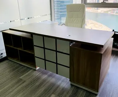Executive L-shaped Office Desk with Storage Shelves and Cable Port Custom Made