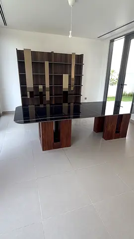 Large modern dining table with matching bookshelf/entertainment unit - solid wood