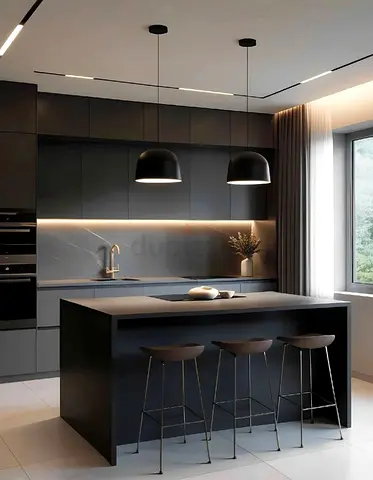 Modern matte black kitchen island
