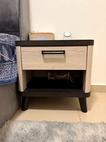 Compact bedside table with drawer and open shelf - light oak/black