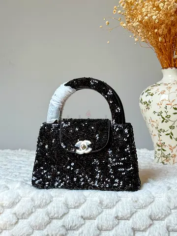 Black Sequined Top-Handle Bag with Silver CC-Style Clasp