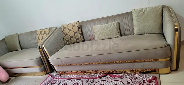 Modern beige 3-seater sofa set with gold trim — good condition