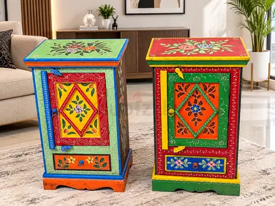 Pair of Hand-Painted Wooden Bedside Cabinets - Colorful Indian Style