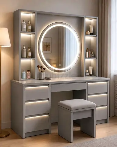 Modern LED Vanity Dressing Table with Mirror and Stool