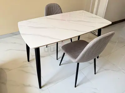 White Marble-Effect Dining Table with 2 Grey Upholstered Chairs - Compact Set