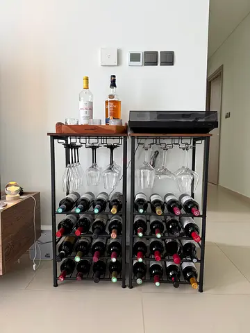 Wood and Metal Wine Rack with Glass Holders - Compact Home Bar Unit