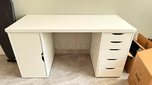 White Office Desk with Storage Cabinet and 5 Drawers - Perfect Condition