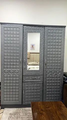 Gray 3-Door Wardrobe with Mirror and Drawer - Good Condition