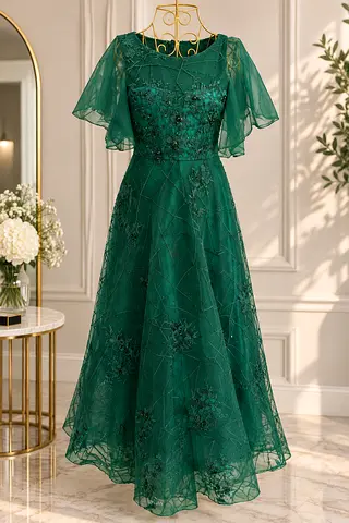 Emerald Green Embroidered Evening Gown with Sheer Flutter small