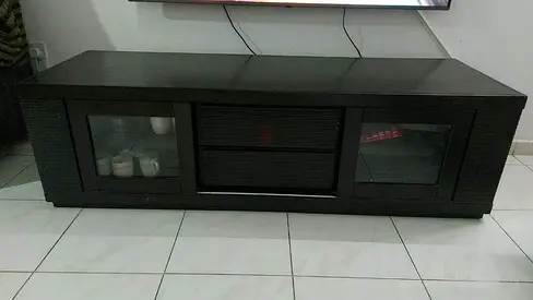 Dark wood TV entertainment unit with glass doors - sturdy, good condition