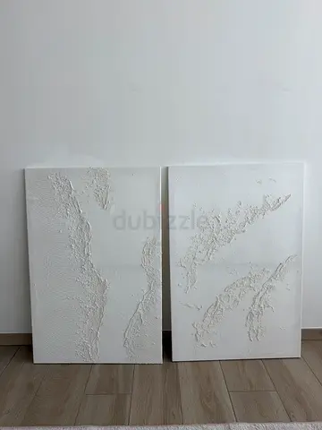 Pair of White Textured 3D Relief Canvases - Minimal Wall Art