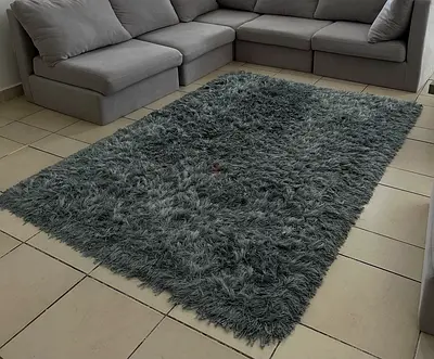 Blue greyish shaggy area rug - soft high-pile, good condition