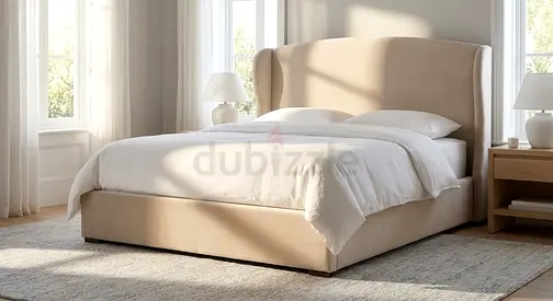 King Size Beige Upholstered Bed Frame with Headboard