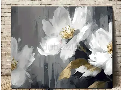 Small Grey & White Floral Canvas Wall Art - Modern