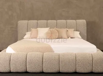 Modern Boucle Upholstered Bed Frame with Fluted Headboard included spring mattress