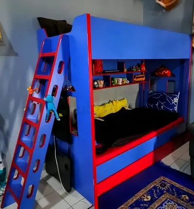 Blue and Red Wooden Bunk Bed with Ladder - Kids/Multi-level