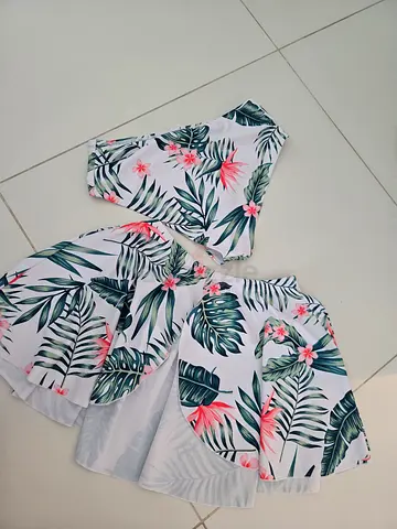 White tropical print two-piece skirt and matching brief S/M