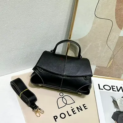 Polene Black Leather Top-Handle Bag with Detachable Strap