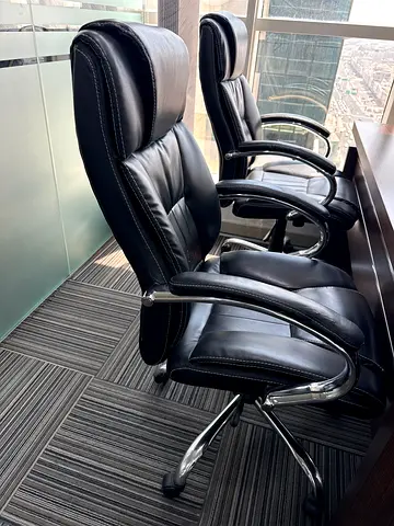 Set of 3 Black Leather Office Chairs with Armrests and Wheels