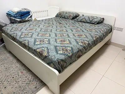 White Double Bed Frame with Headboard and Storage-Friendly Design - Good Condition