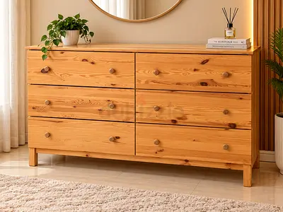 Solid Pine 6-Drawer Wide Dresser / Chest - Natural Finish
