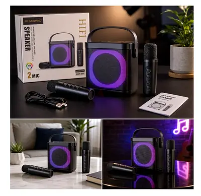 Portable Bluetooth Speaker with 2 Wireless Microphones - LED Light Ring