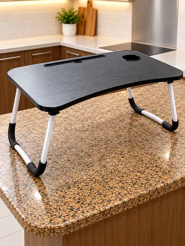 Foldable and adjustable laptop table with water bottle holder.