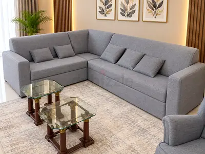 Grey L-shaped Fabric Sofa with Cushions - Good Condition