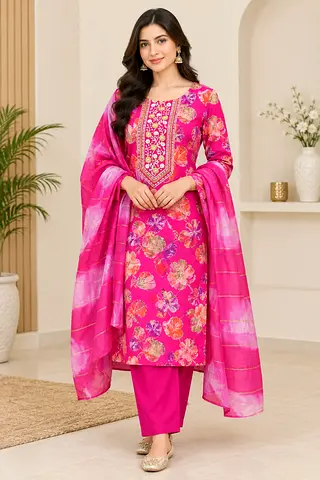 Pink Floral Embroidered Salwar Kameez Set with Dupatta - Size M
