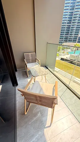 Set of 2 Balcony/Patio Chairs with Small Side Table - Light Wood/Weave
