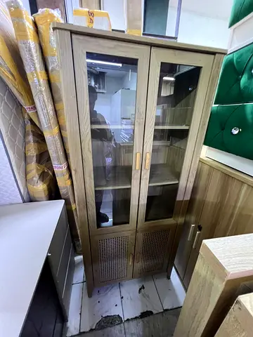 Wooden Display Cabinet with Glass Doors and Rattan Accent