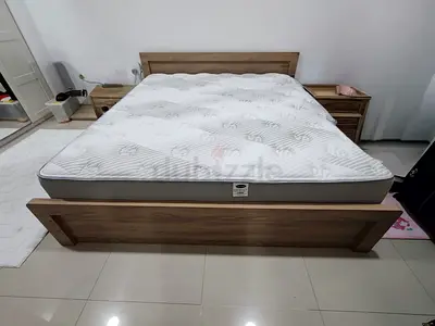 King size wooden bed frame WITHOUT mattress and bedside tables - good condition