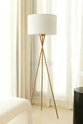 Brass Tripod Floor Lamp with White Drum Shade