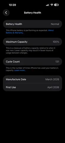 iPhone with 100% Battery Health, 10/10 and Light Use (Cycle Count 131) mint condition, In warranty
