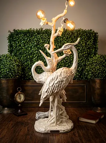 Decorative Crane Lamp with Tree Branch Lights — Ceramic Sculpture