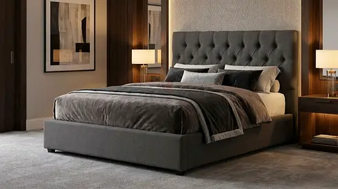 Grey upholstered queen bed with tufted headboard