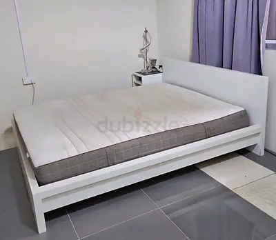 White wooden double bed frame with mattress - good condition