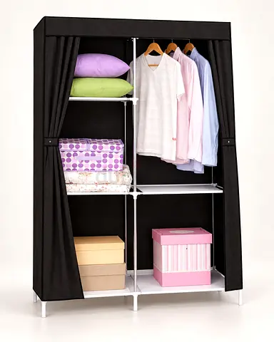 Portable Fabric Wardrobe Closet with Shelves and Hanging Rail - Black