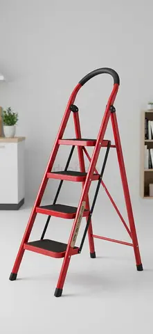 4-step foldable household ladder — red metal with anti-slip steps