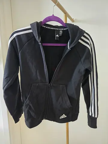 Adidas black zip-up track jacket with hood, size M